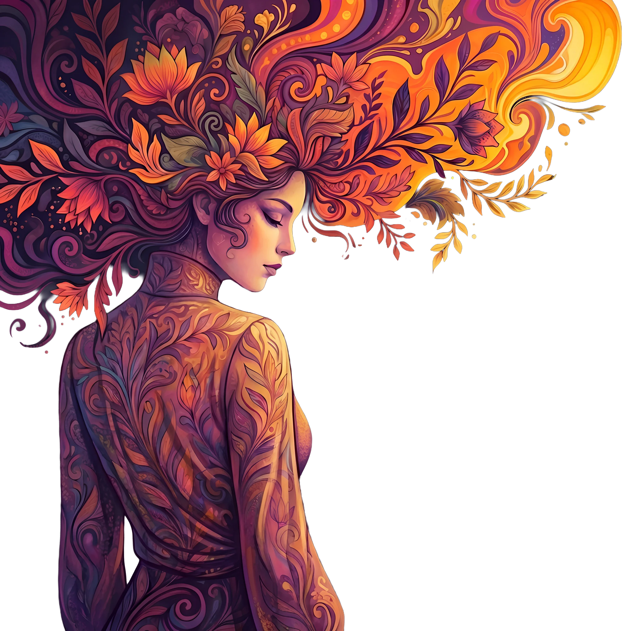 Illustration of a woman wreathed in flowers and flame